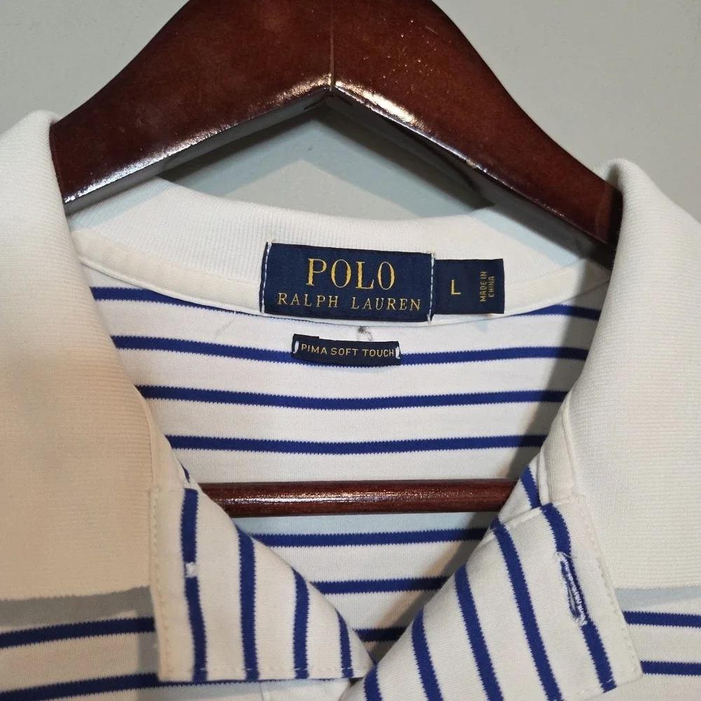 Polo Ralph‎ Lauren Slim Fit Striped Polo Shirt White Navy Logo Men's Size L